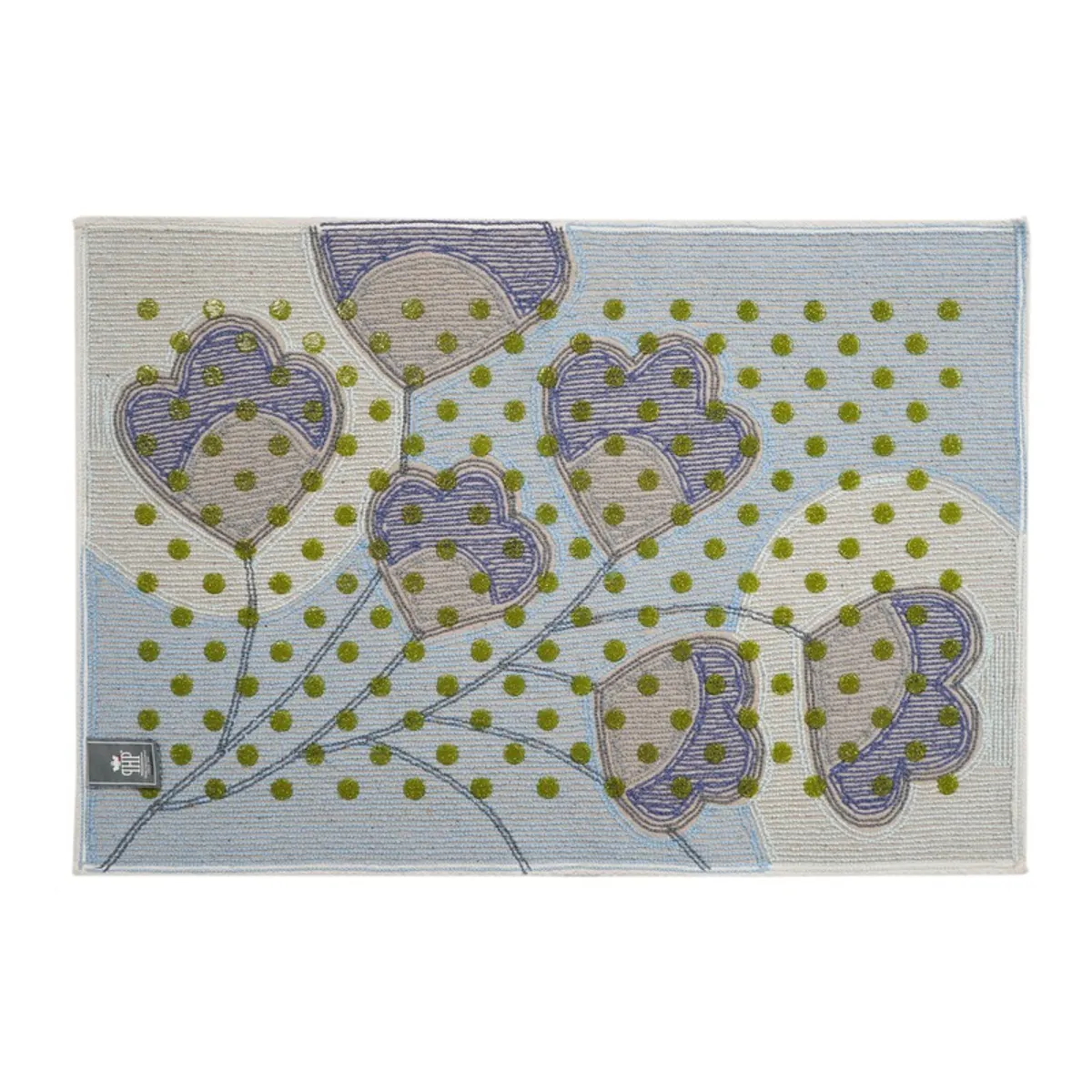Reverse side of the blue and grey bath mat showing its anti-slip backing.