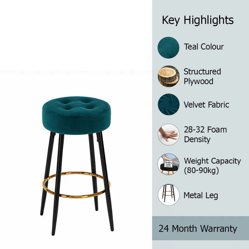Teal round bar stool with black legs and gold footrest, feature graphic