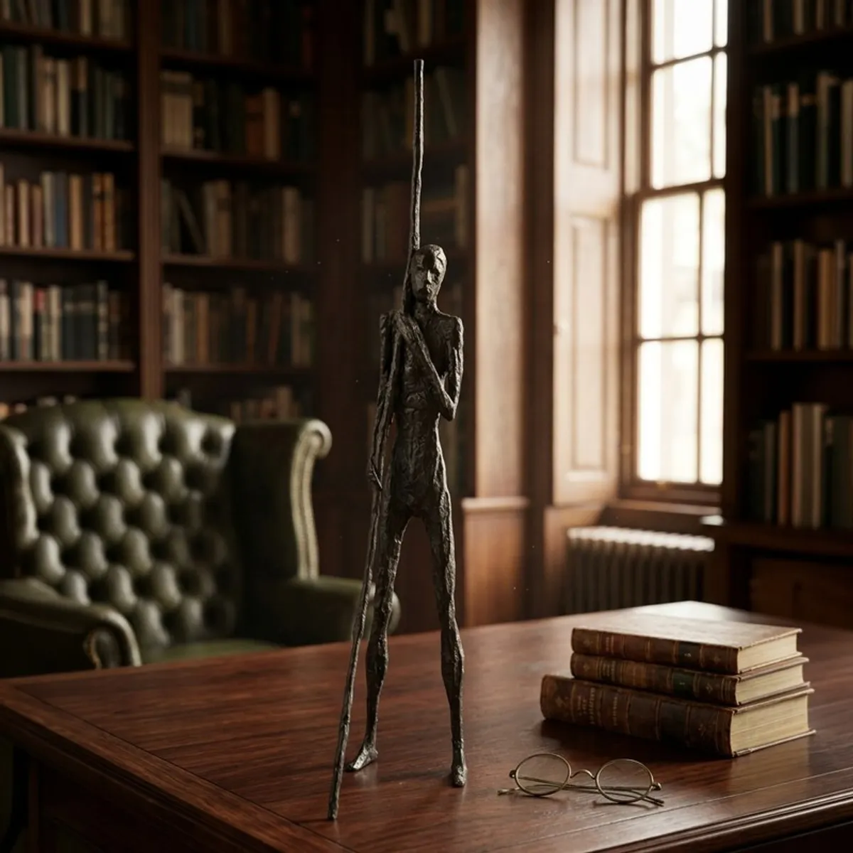 Black figurative tabletop sculpture styled on a desk with books