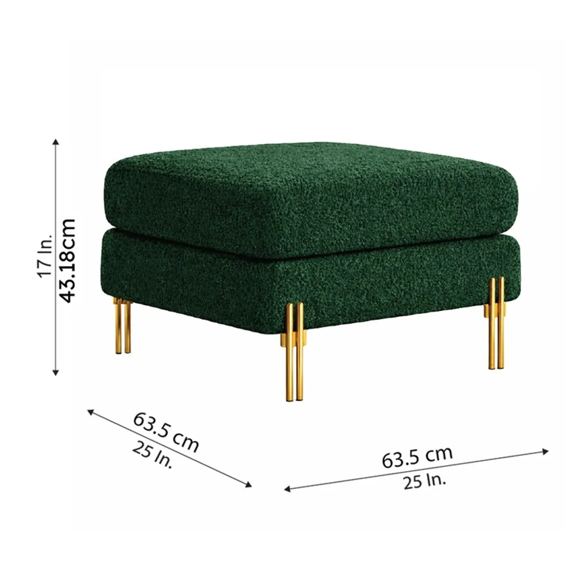 Green ottoman with gold legs shown with width and height markers