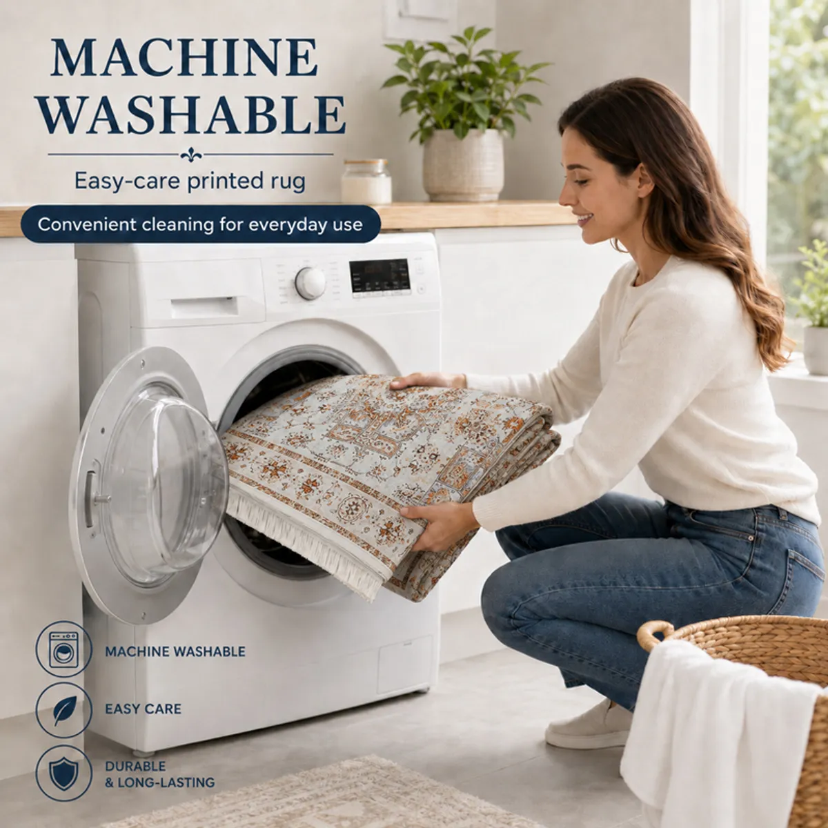 Folded patterned carpet shown beside a washing machine in a bright laundry room