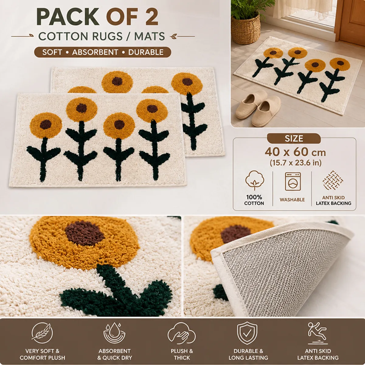 Product collage showing two floral mats and backing close-up