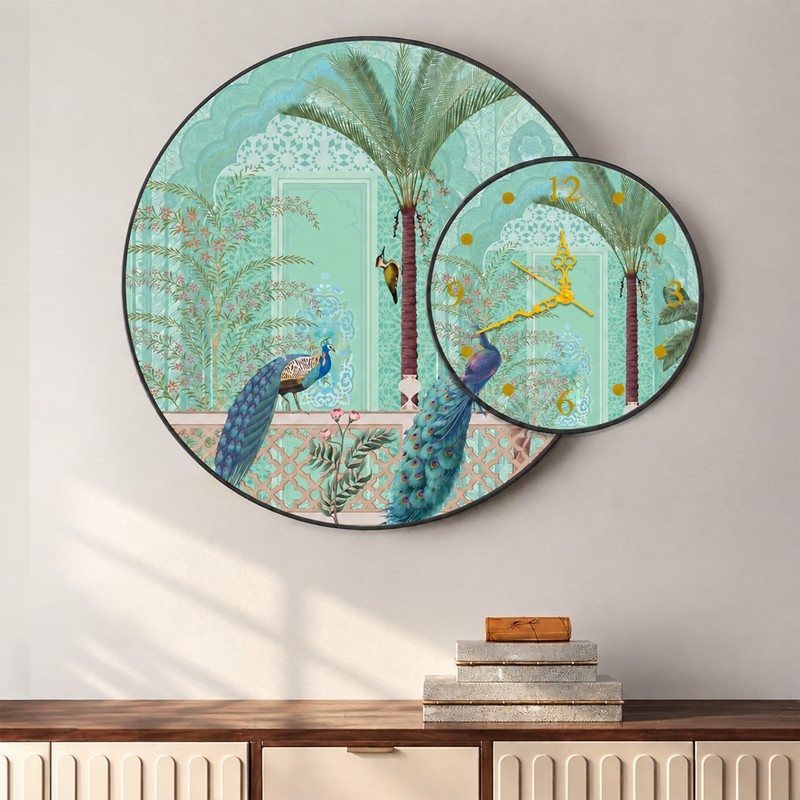 Peacock Rest Wall Art With Analog Clock