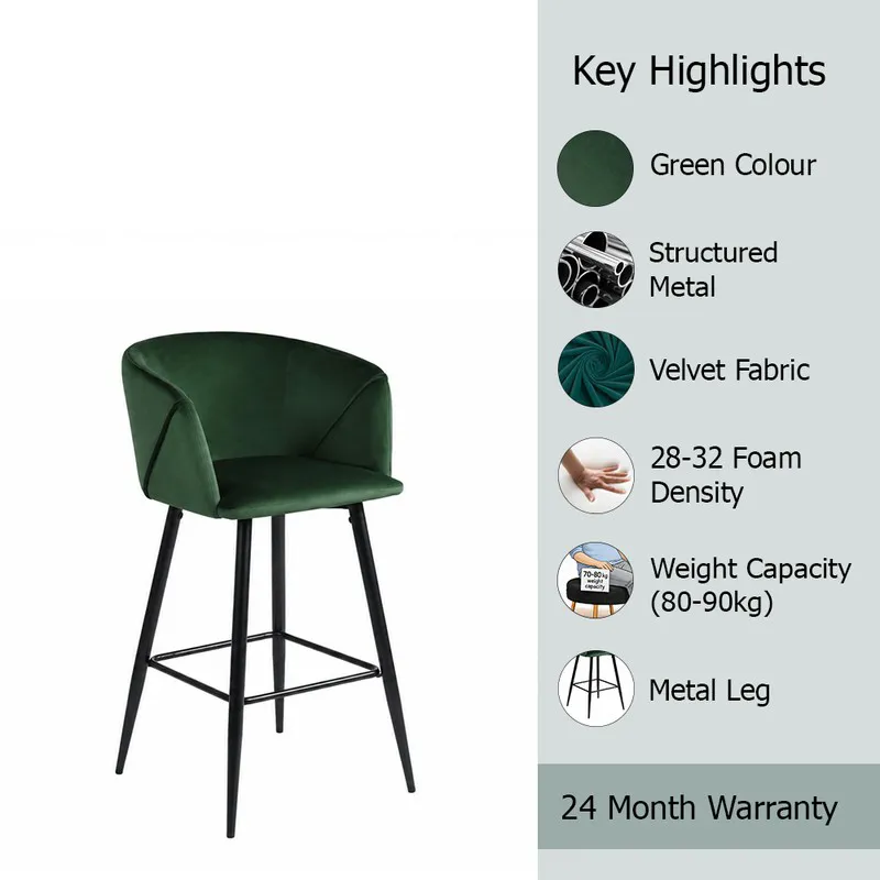 Green velvet bar chair with black metal legs and highlight panel