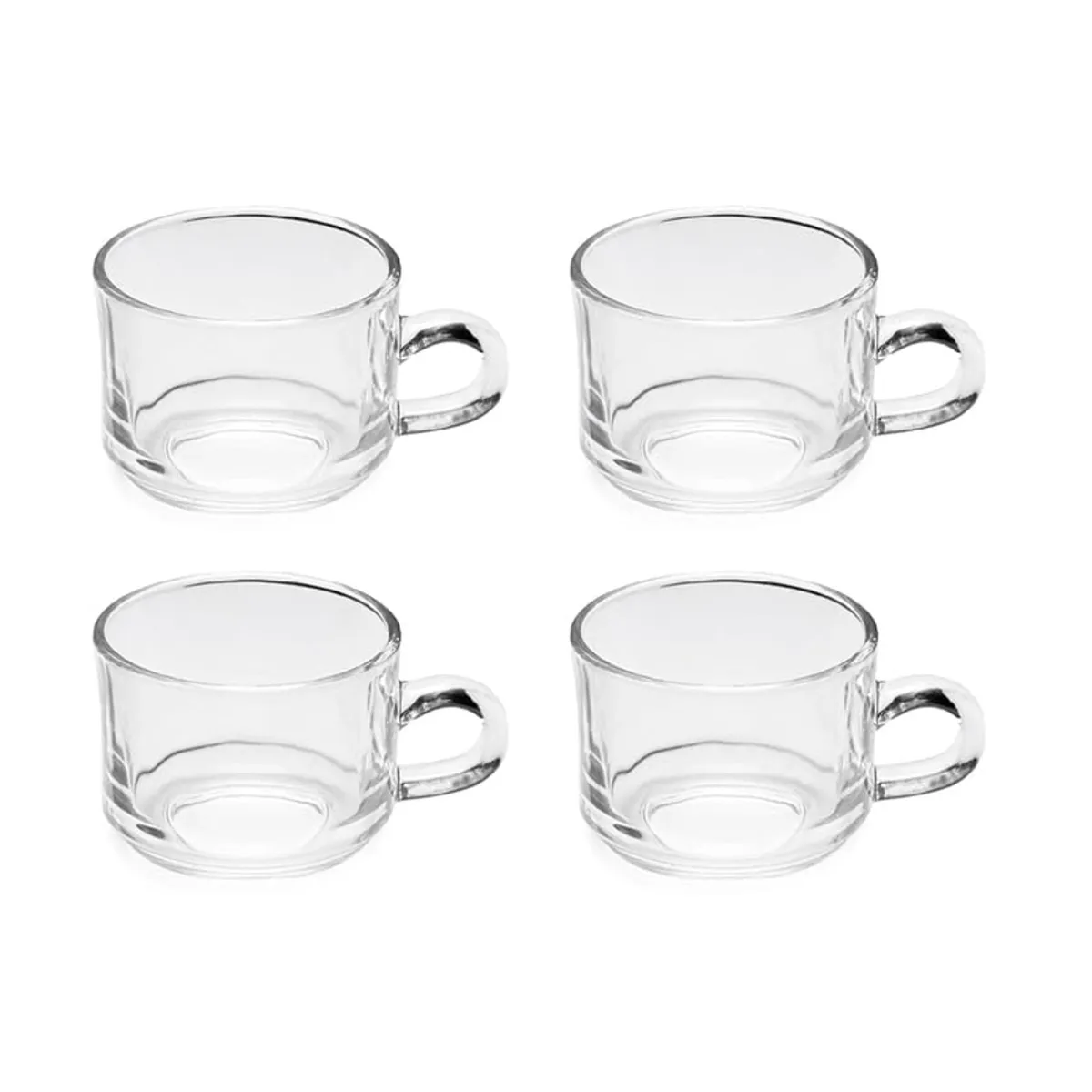 Four transparent glass tea cups arranged against a white background