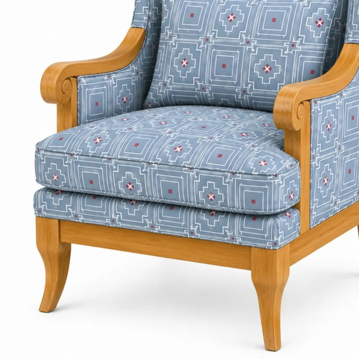 Close view of blue patterned upholstery, padded seat and teak arm detail