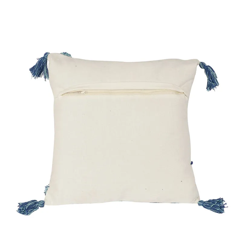 Back view of the cushion cover showing its zip closure and corner tassels