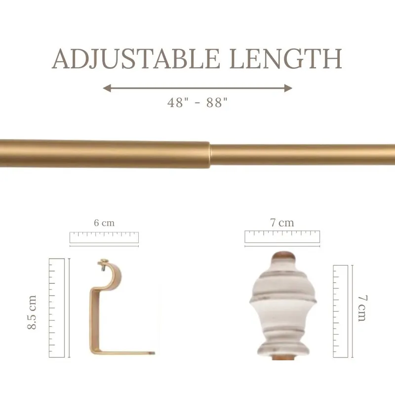 Extendable brown curtain rod with finial and bracket shown in a size graphic