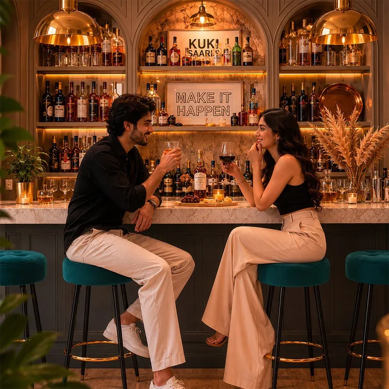 Two people seated on teal bar stools in a warmly lit home bar setting