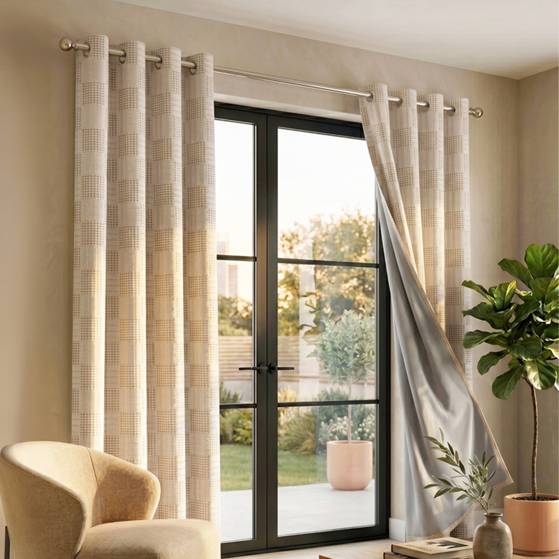 Meya Self Design Cotton Curtains With Lining (Beige) - Set of Two - Door - 7 ft