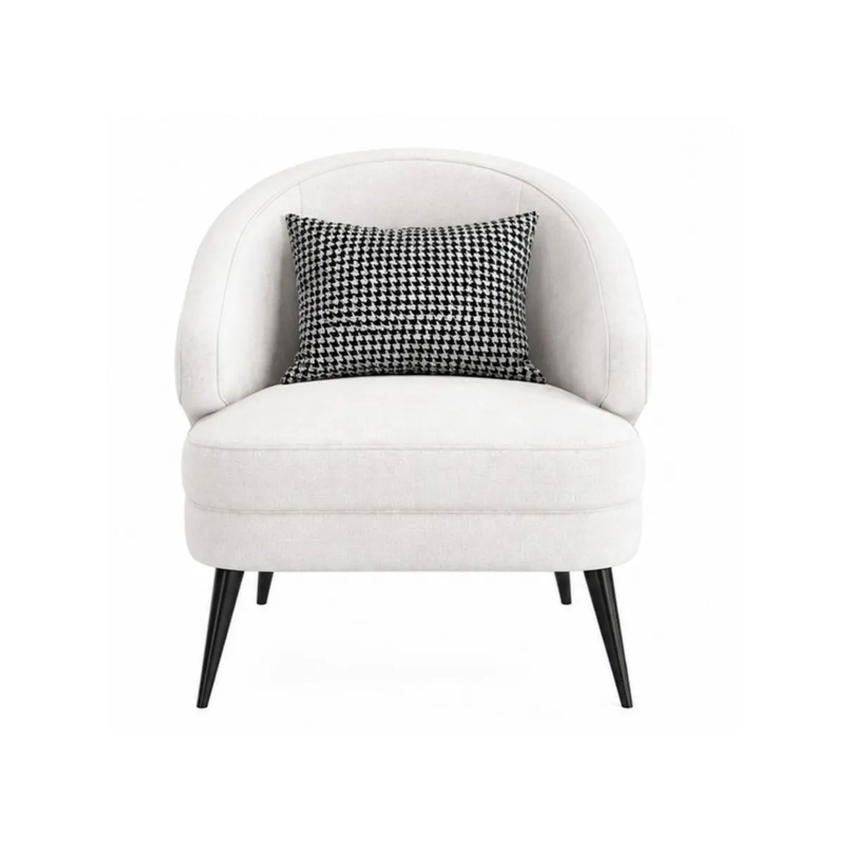 Front view of a white upholstered accent chair with curved arms and black legs