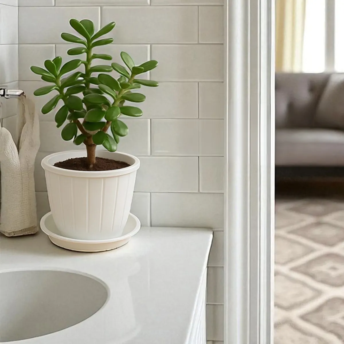 White ribbed planter with a green houseplant and matching drip tray indoors