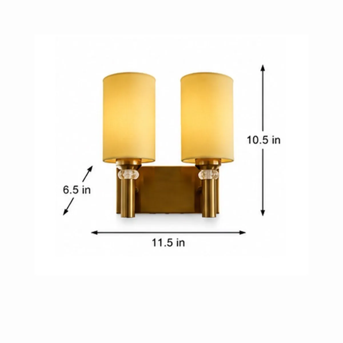 Twin ivory-shade wall lamp shown with visible width, depth and height markers
