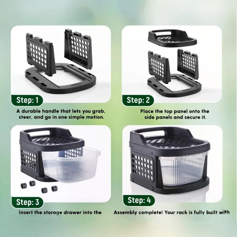 Illustrated assembly steps for a black four-tier organiser rack