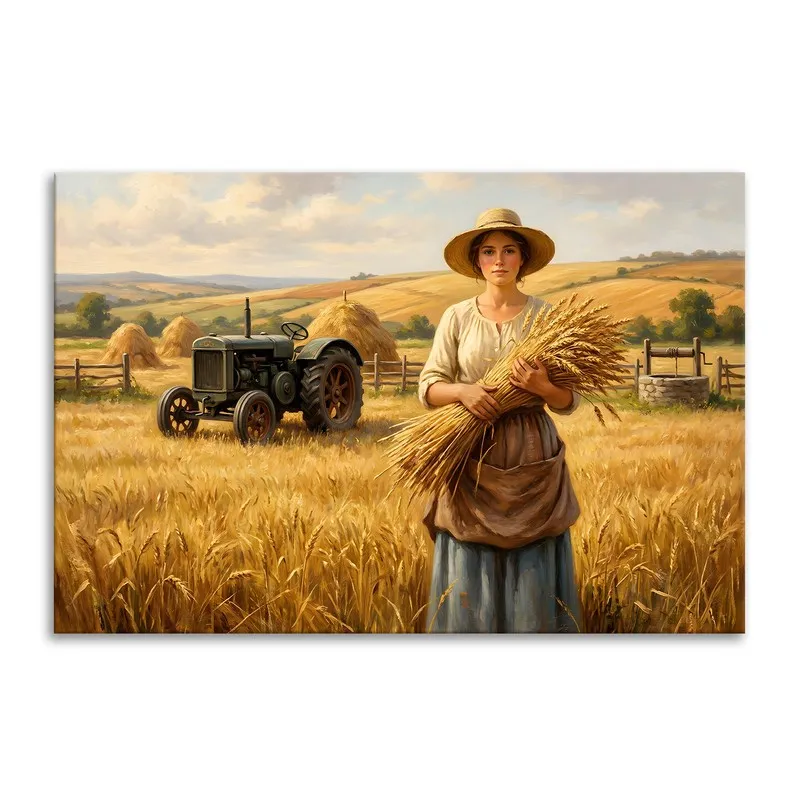 Rectangular canvas print of a woman holding wheat in a sunlit farm landscape with a vintage tractor.