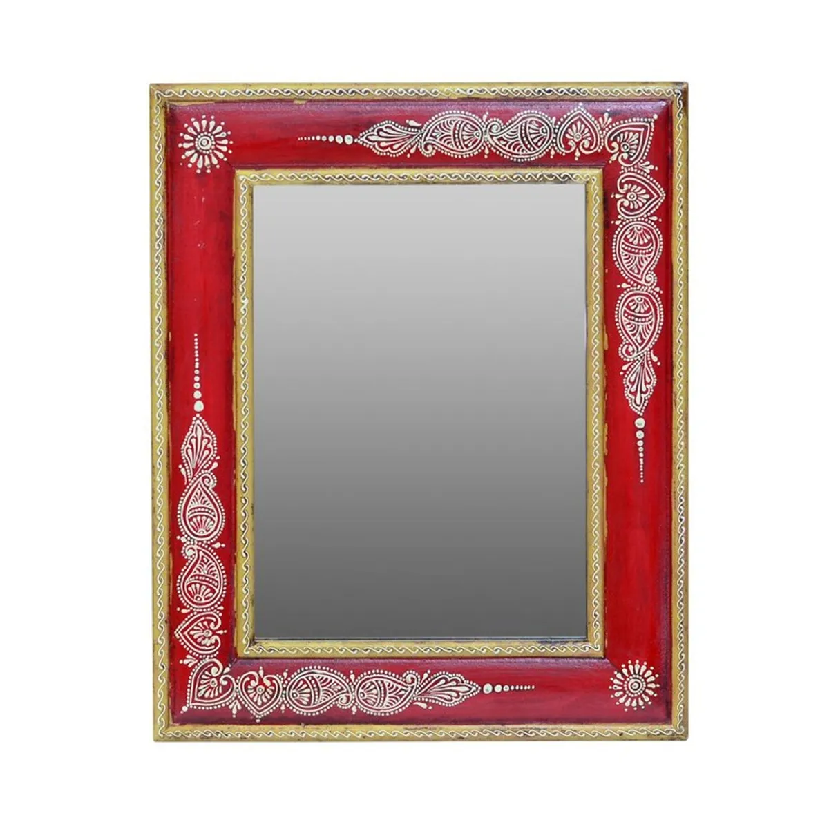 Front view of a red wooden mirror with intricate white and gold detailing