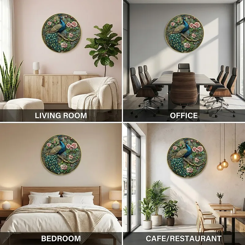 Peacock wall art displayed in living room, office, bedroom and cafe settings