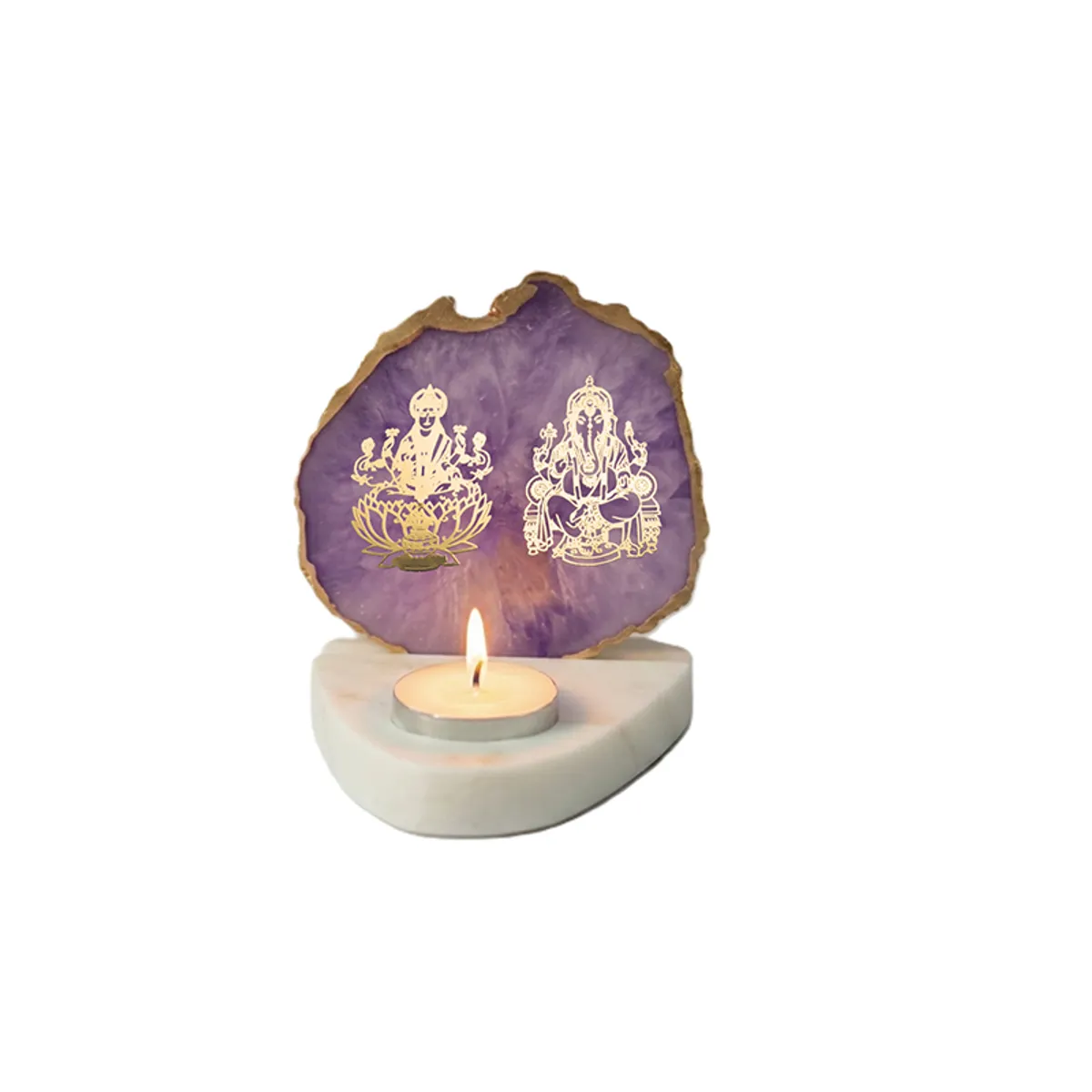 Purple Ganesha and Laxmi agate tealight holder isolated against a white background