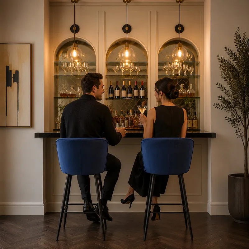 Two blue velvet bar chairs placed at a home bar