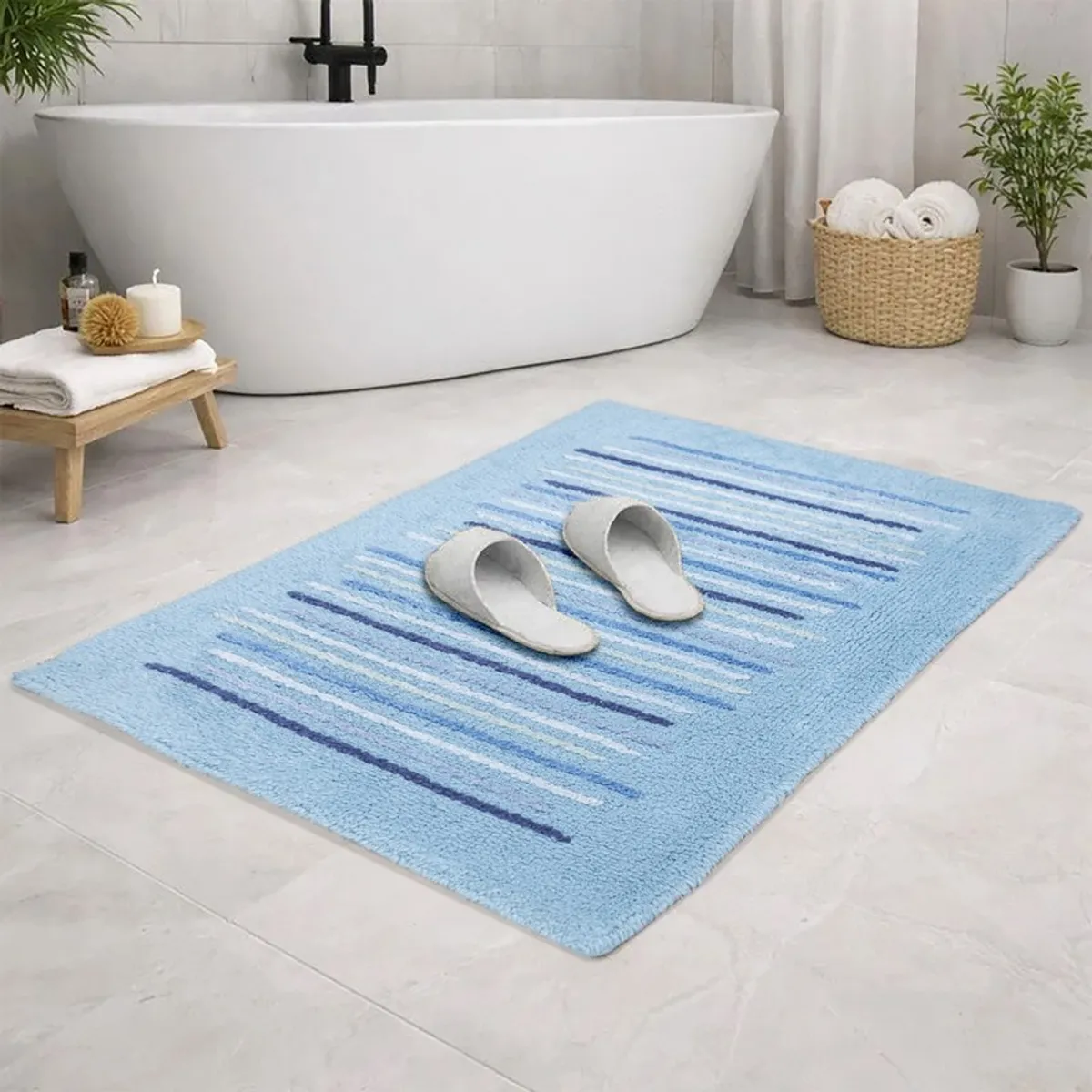 Blue striped bath mat styled in front of a freestanding white bathtub