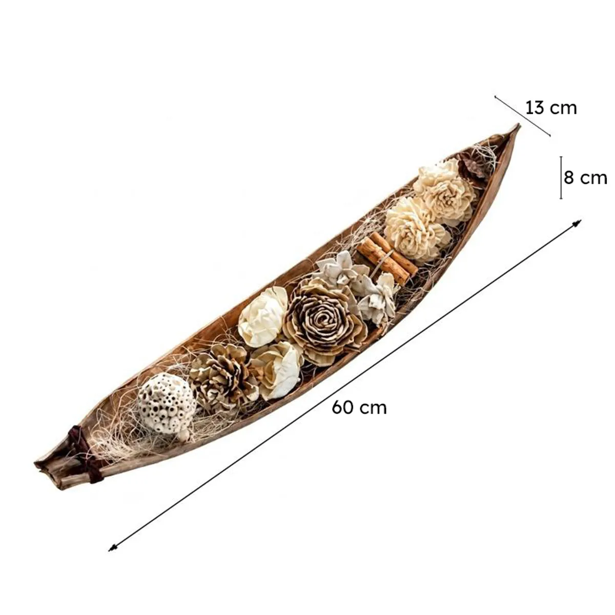 Floral arrangement shown with dimensions of 60 x 13 x 8 cm