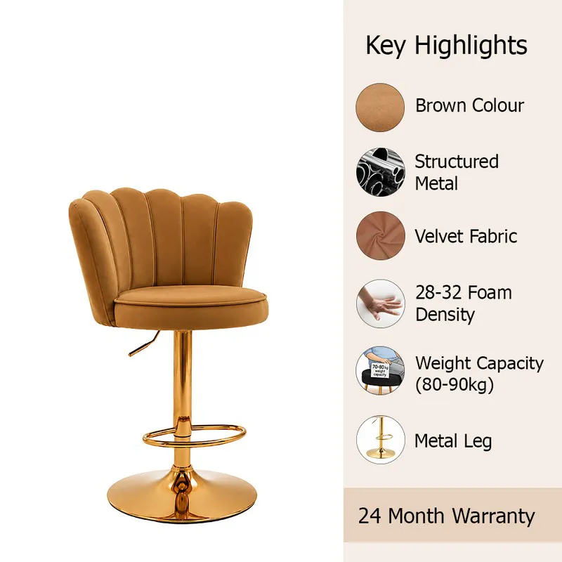 Brown velvet bar chair with gold-toned base shown beside a highlights panel