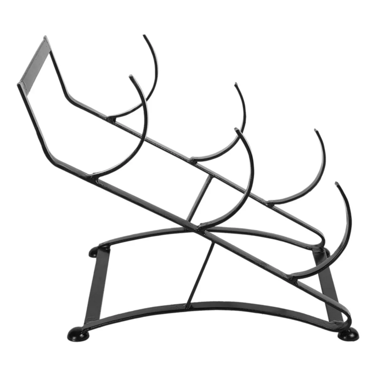 Side view of the black iron bottle holder showing its geometric frame.