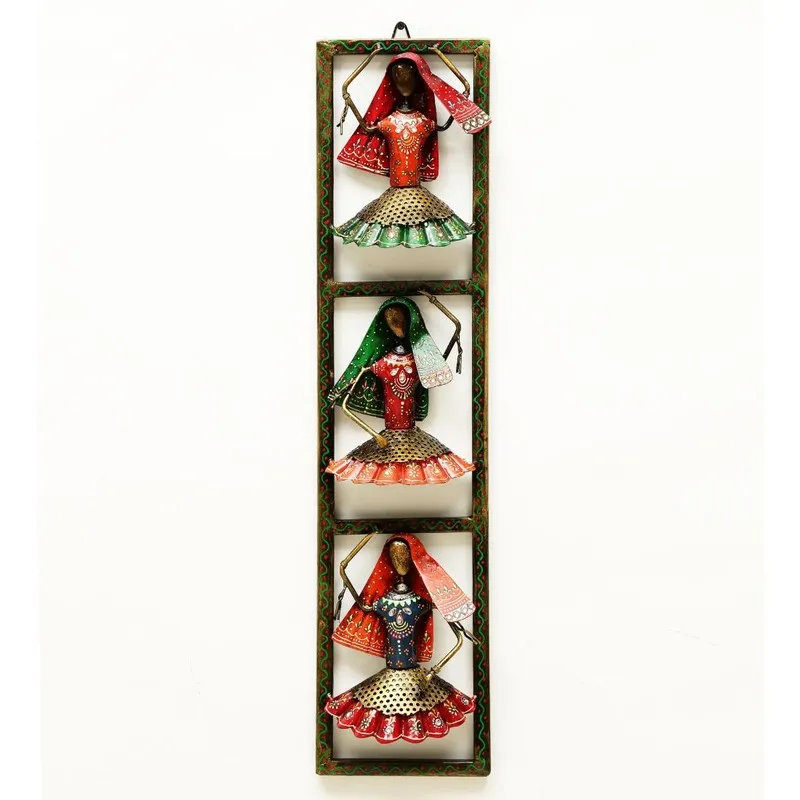 Front view of multicolour Jharokaa metal wall accent with three figurative motifs