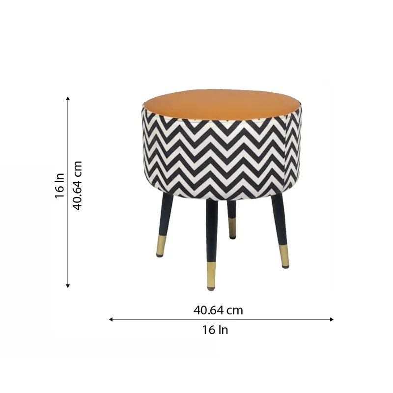 Ottoman with a round brown seat shown with height and width measurements