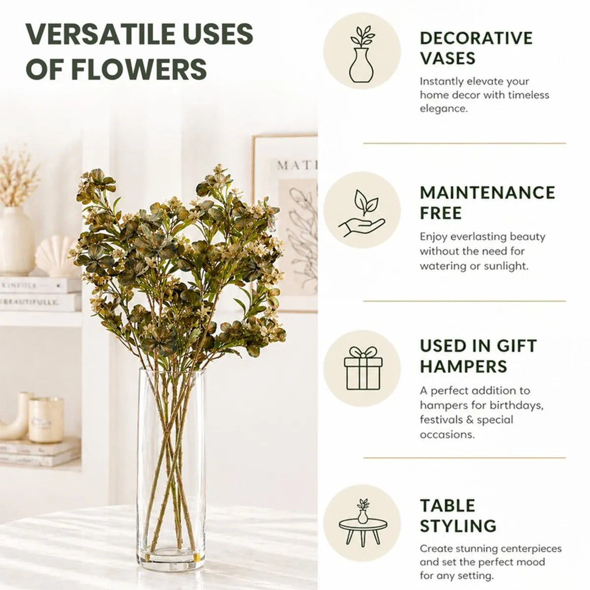 Artificial flower stems in a clear vase styled in a bright interior