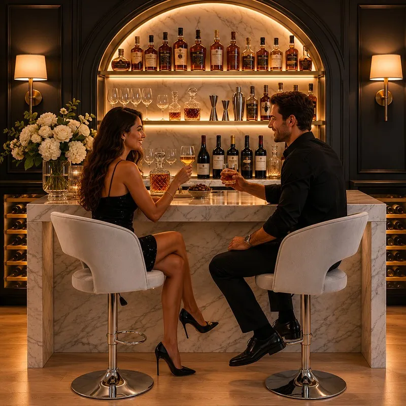 Two grey velvet bar chairs placed at a marble home bar