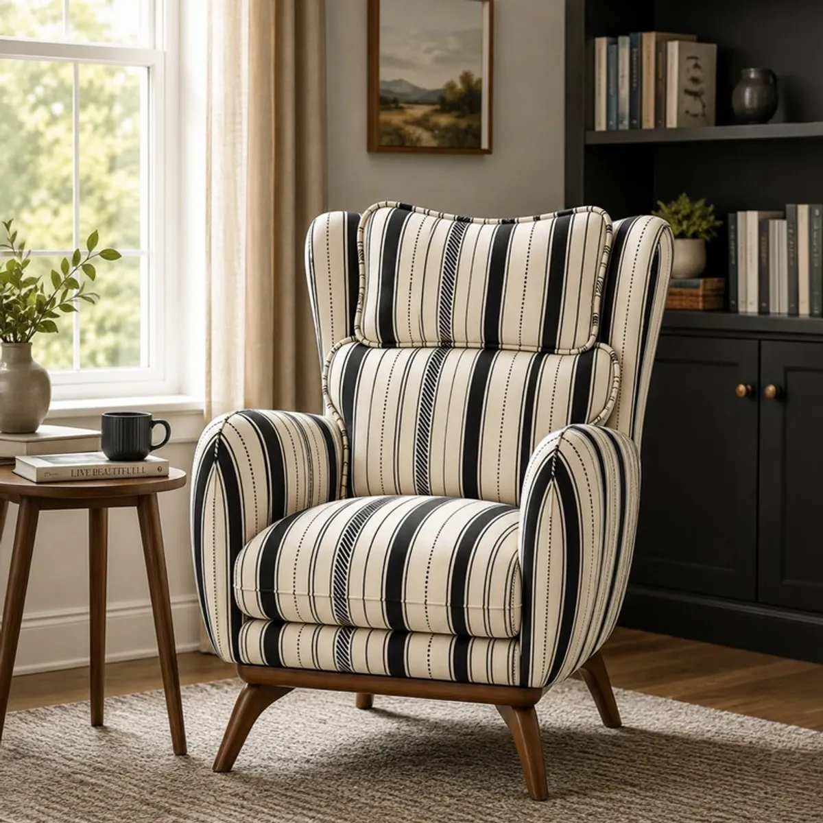 White and black striped lounge chair beside a side table and bookcase