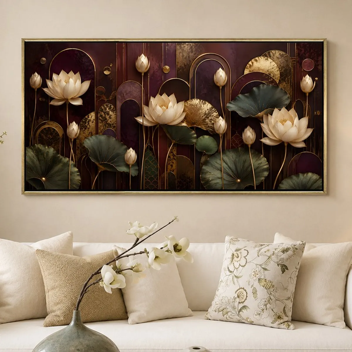 Large rectangular lotus wall art with deep purple background above a sofa