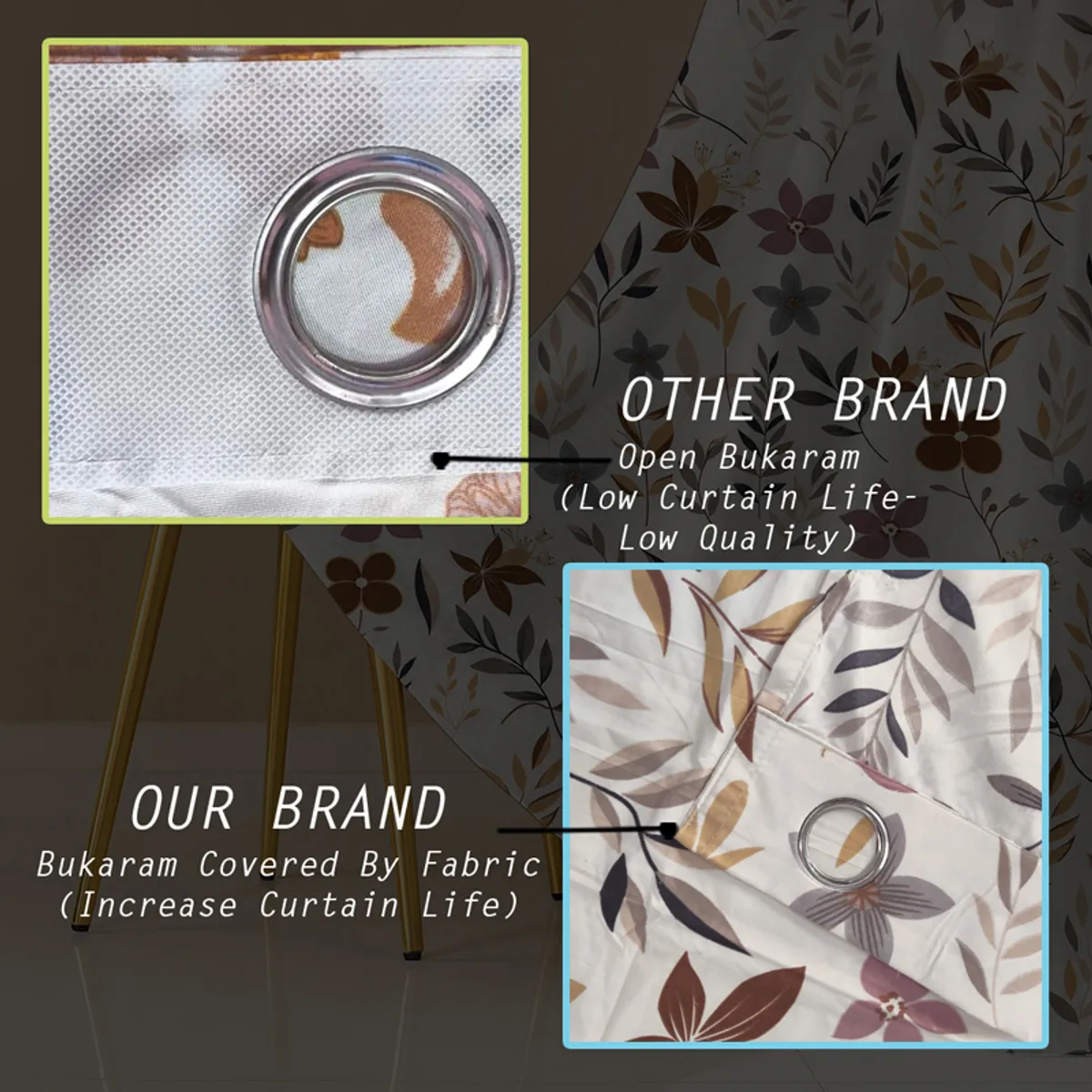 Close-up comparison showing the curtain fabric and covered metal eyelet.