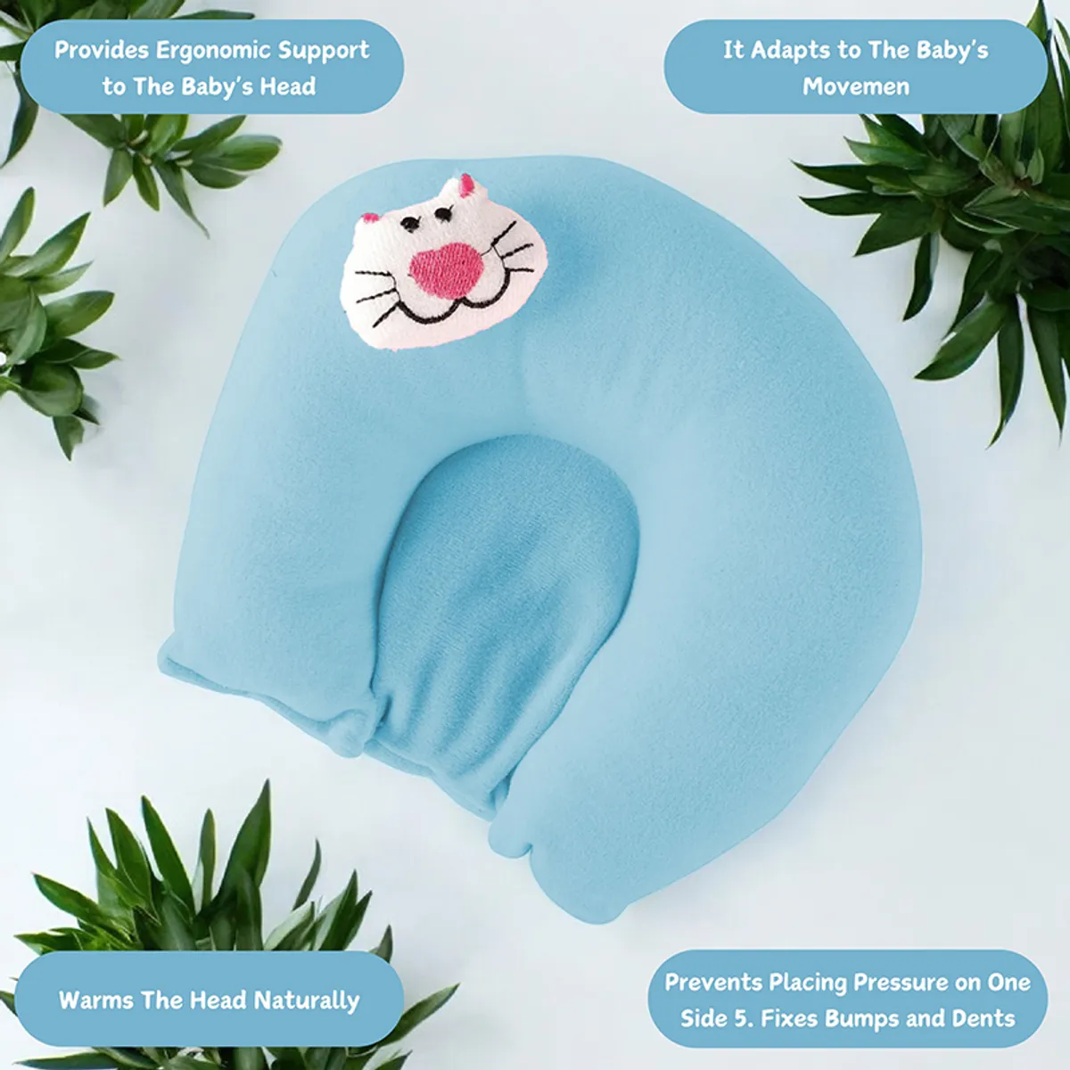 Blue C-shaped baby neck pillow with cat face patch on a white background