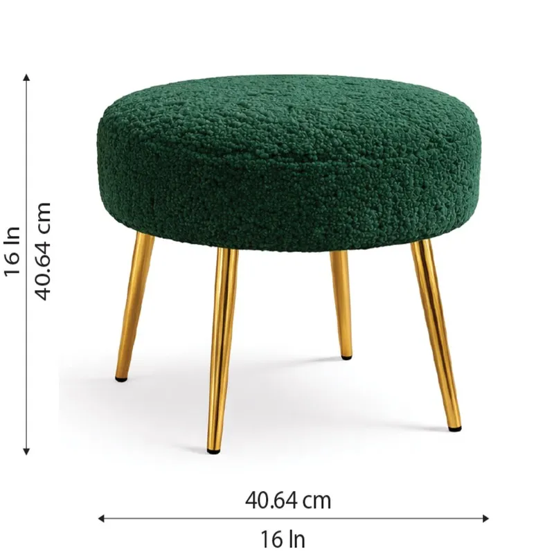Green round stool with gold legs shown with its overall dimensions