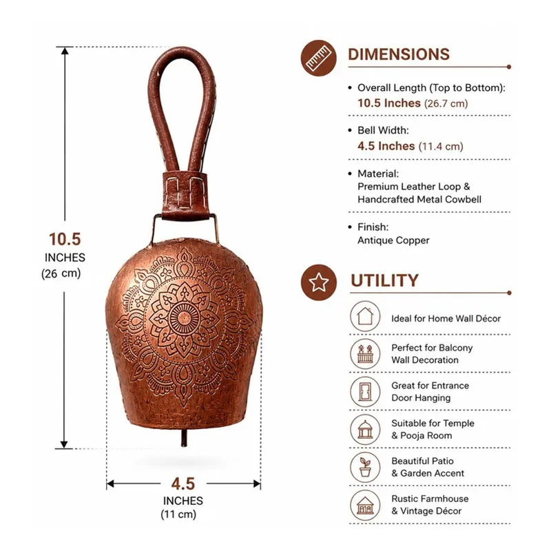 Copper-toned hanging bell with leather loop shown with printed dimension graphic