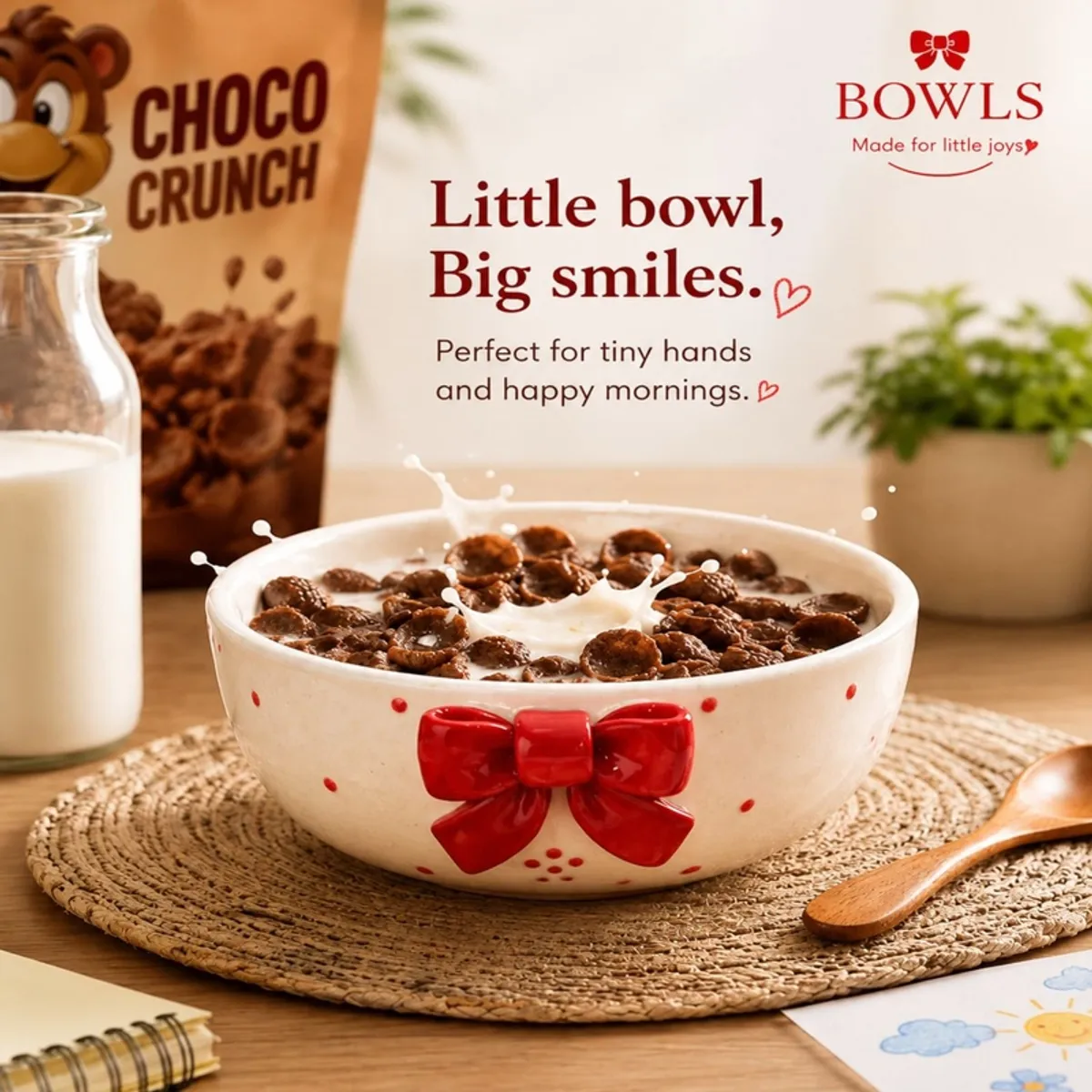 Ceramic bowl filled with cereal, featuring a red bow and dotted design.