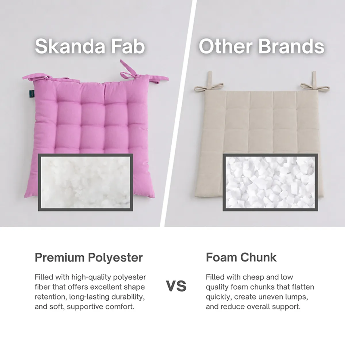 Lilac purple chair pad shown beside a beige chair pad comparison graphic