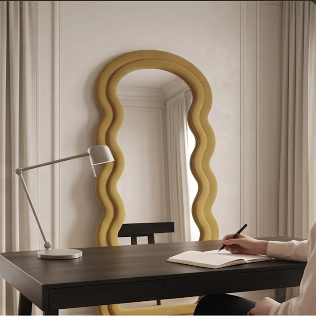 Yellow wavy-frame mirror placed behind a desk in a refined room