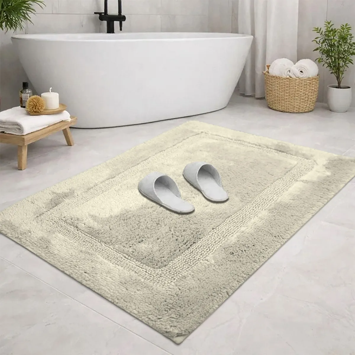 Grey geometric bath mat styled on a tiled bathroom floor beside a freestanding tub.