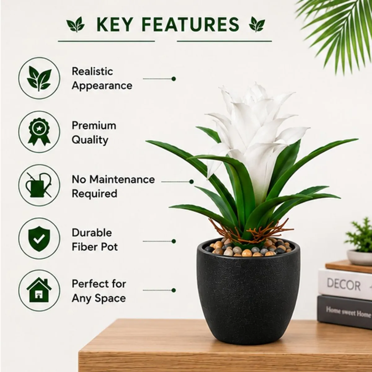White artificial bromeliad shown with key feature callouts