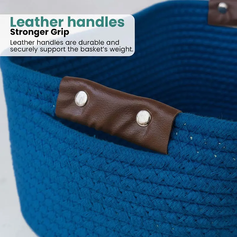 Close-up of brown handle attached to a blue woven storage basket