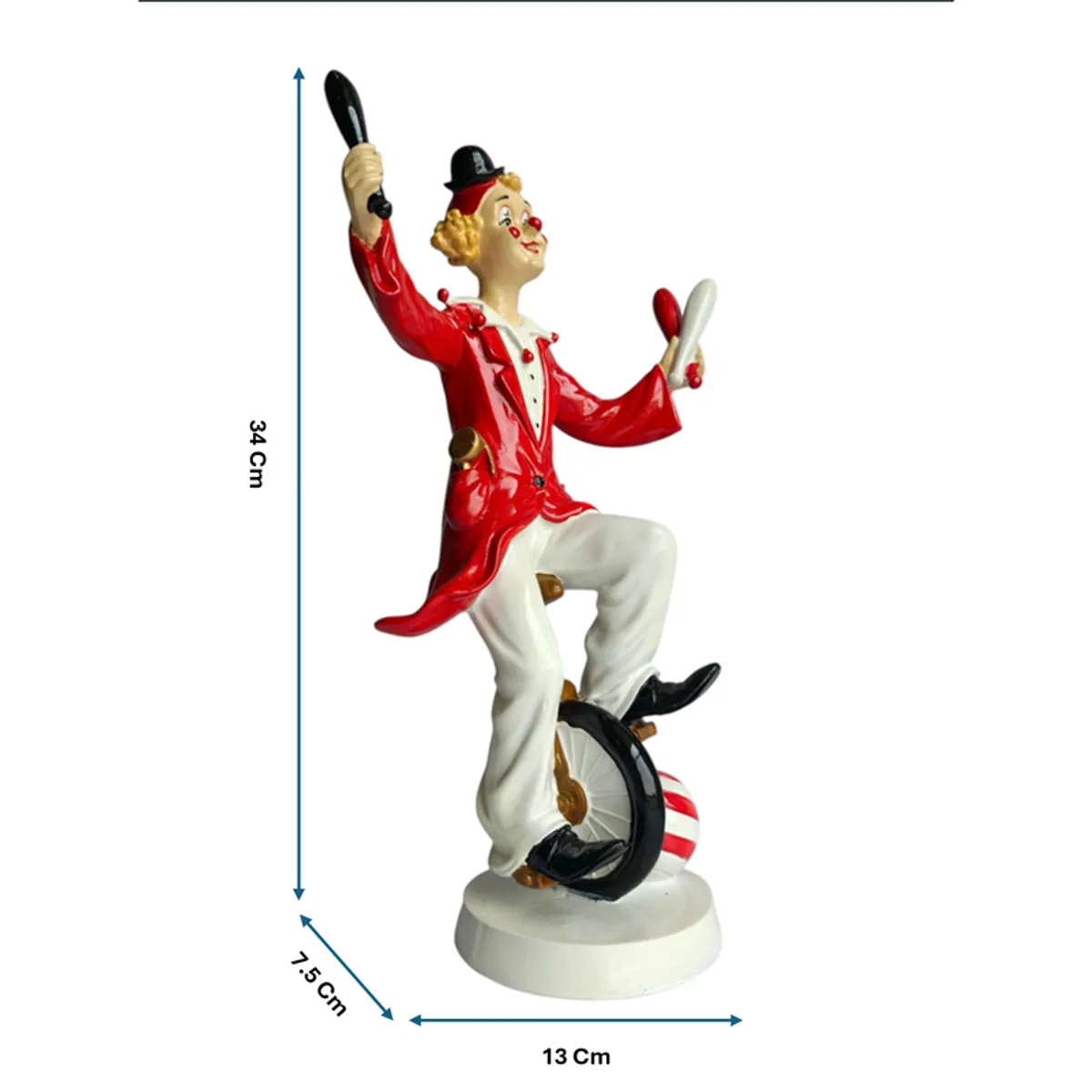 Unicycle clown showpiece shown with its 34 cm height and 13 cm width