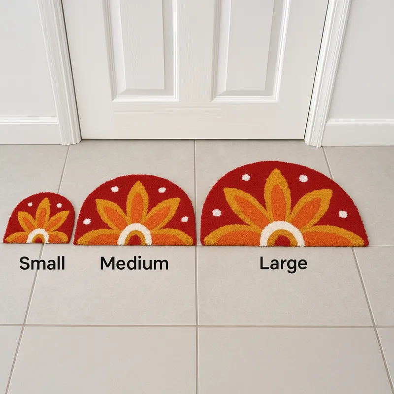Three red sunflower bath mats shown in small, medium and large sizes