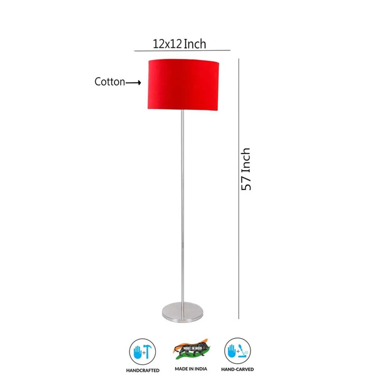 Red shade floor lamp shown front-facing on a white background