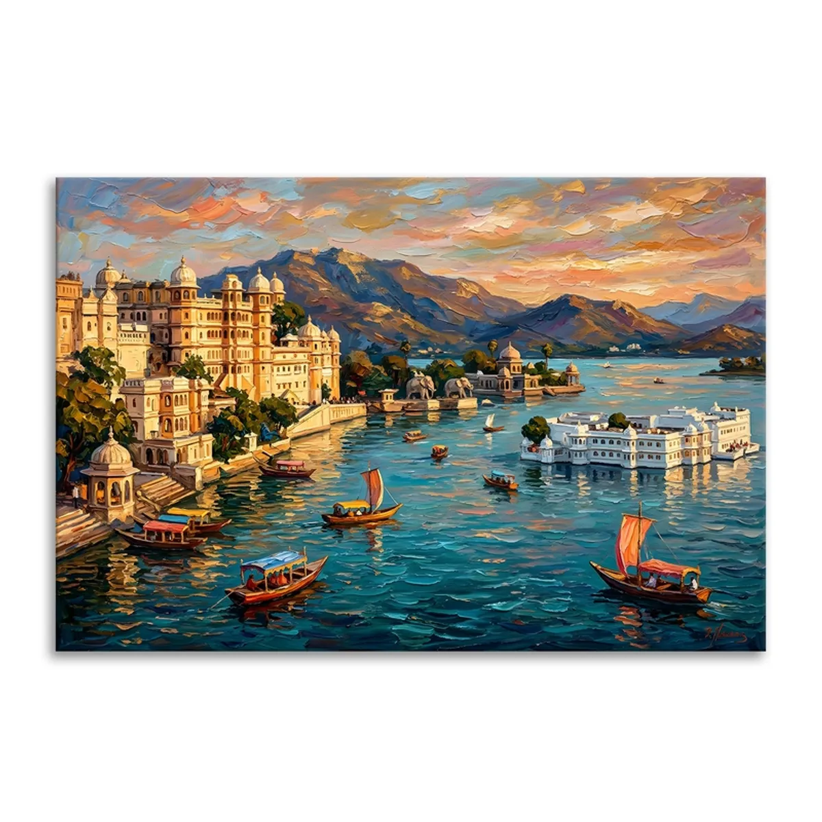Rectangular canvas painting of a lake palace, boats and mountains