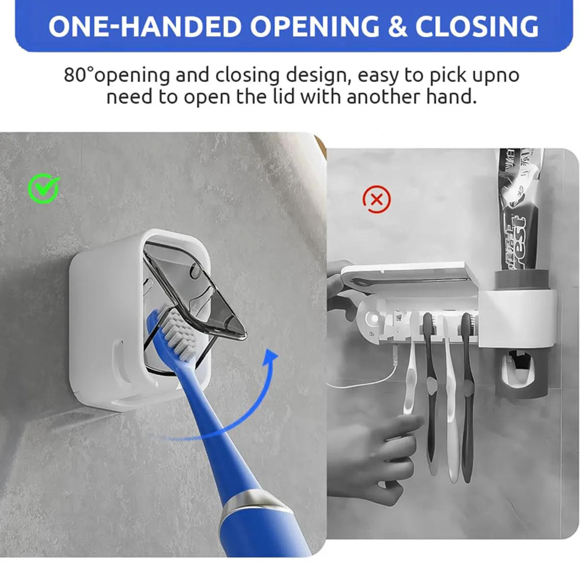 White toothbrush holder with clear flip cover shown in use with a blue toothbrush