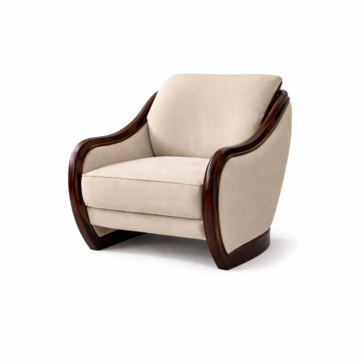 Beige and dark wood accent chair isolated against a white background