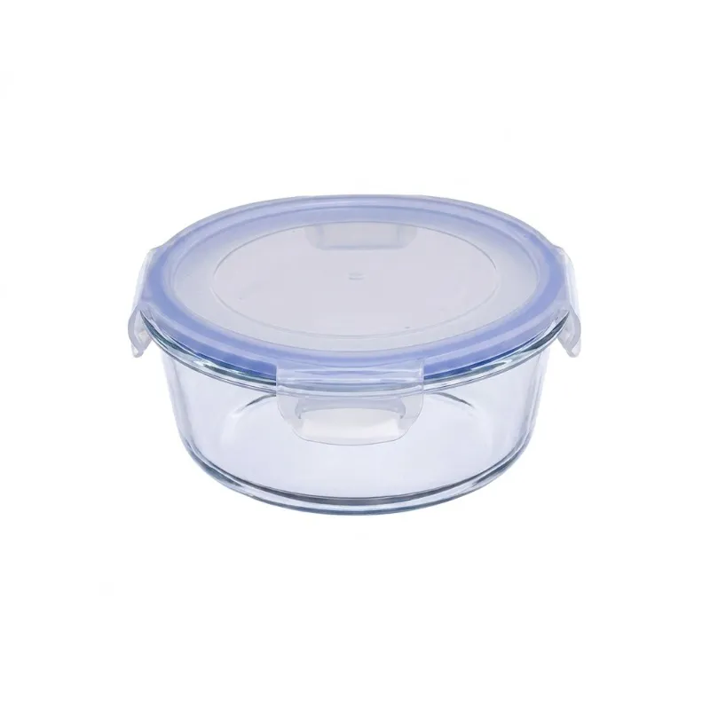 Empty round glass container with blue locking lid on white background